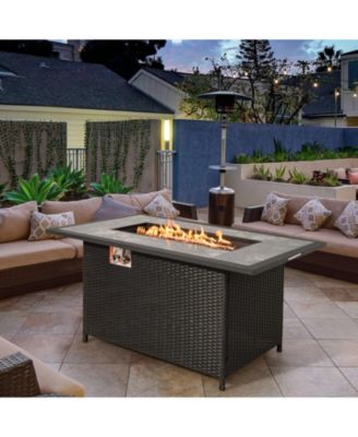 Rattan Wicker Propane Fire Pit Table with Rain Cover and Lava Rock