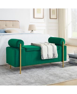 Upholstered Storage Bench with Cylindrical Armrests and Metal Legs Ottoman for Bedroom & Living Room or Entryway