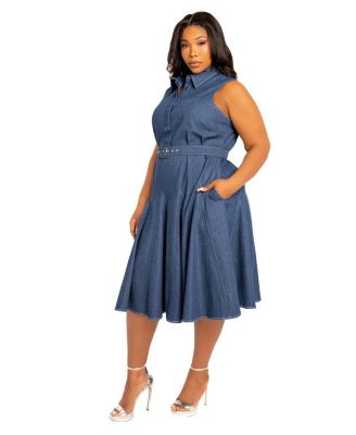 Plus Size Sleeveless Denim Shirtdress with Contrasting Stitching