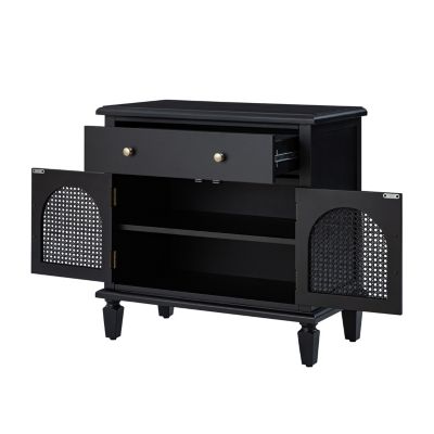 Dyals Traditional 27"Tall End Table Design Rattan Cabinet Doors with Built-in Power Outlet and Adjustable Shelf