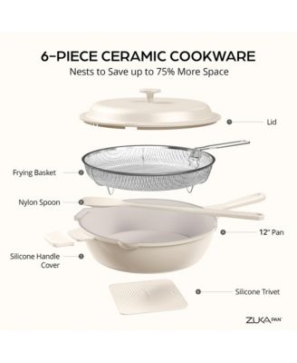 Zuka Everyday Pan 4.25 Qt. Ceramic 10 in 1 Nonstick Multi-Functional Saute Pan with Lid, Nylon Spoon, & Steamer Basket