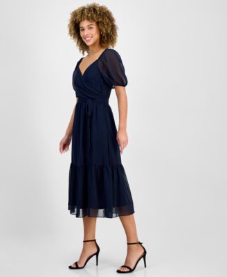 Women's Puff-Sleeve Belted Midi Dress