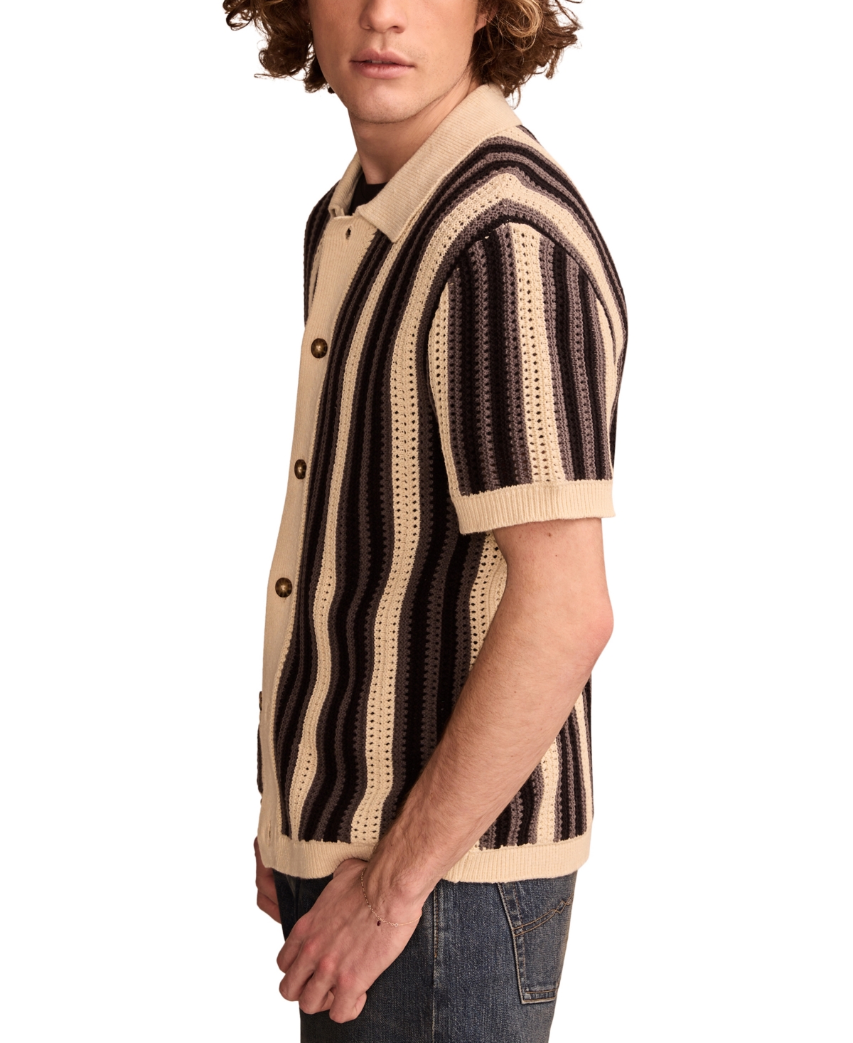 LUCKY BRAND MEN'S SHORT SLEEVE STRIPED CARDIGAN SWEATER 
