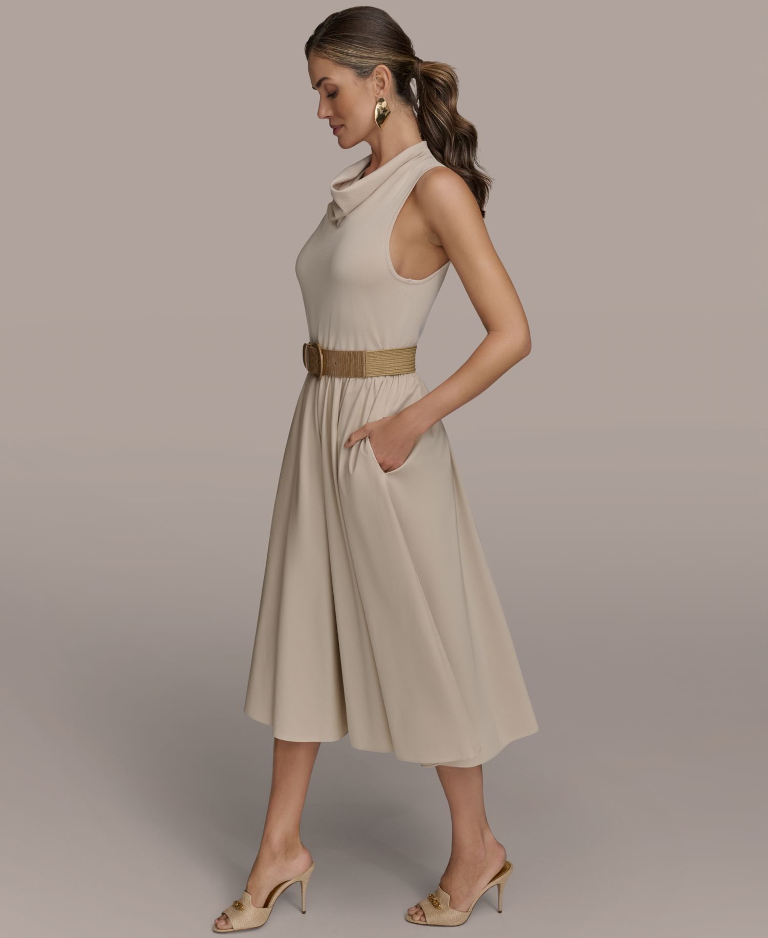 Women's Mixed-Media Belted Midi Dress