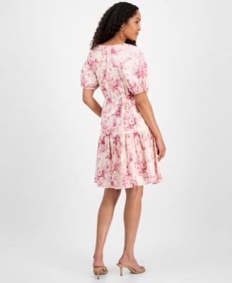 Women's Printed Short-Bubble-Sleeve Tie-Waist Dress