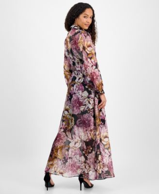 Women's Printed Button-Front Organza Maxi Dress