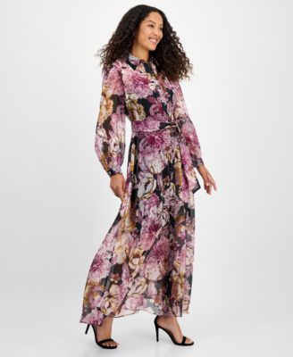 Women's Printed Button-Front Organza Maxi Dress