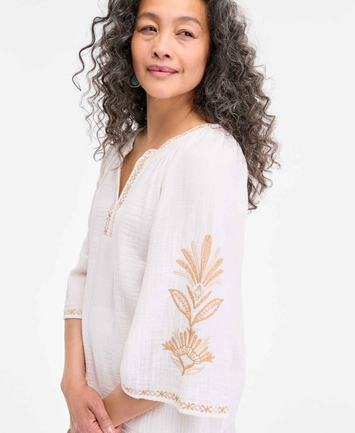 Style & Co Petite Cotton Embroidered Flare-sleeve Top, Exclusively At Macy's