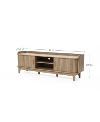63" Oak Mid-Century Modern Tambour-Style TV Stand with Tray Top & 2 Doors