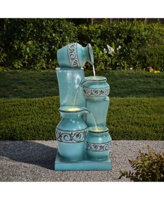 Light Blue 4-Tier Ornate Jugs 2.5-Feet Tall Outdoor Polyresin Fountain with Lights