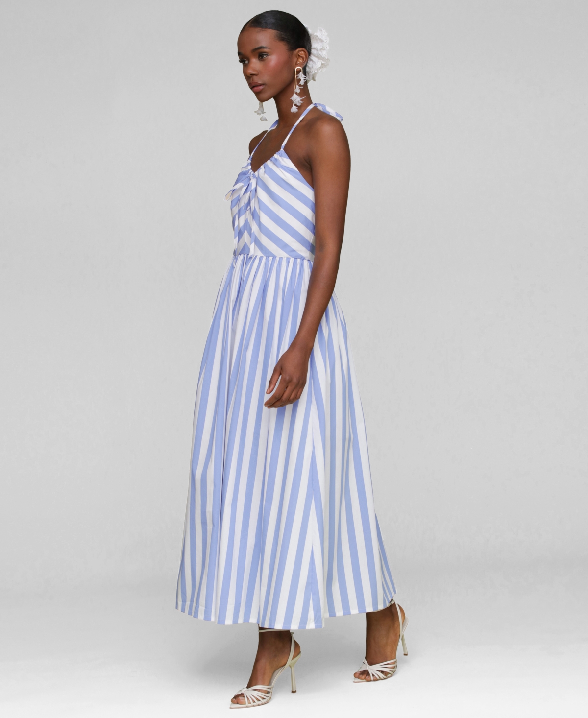 Avec Les Filles Stripe Halter Neck Cotton Blend Midi Dress In Blue