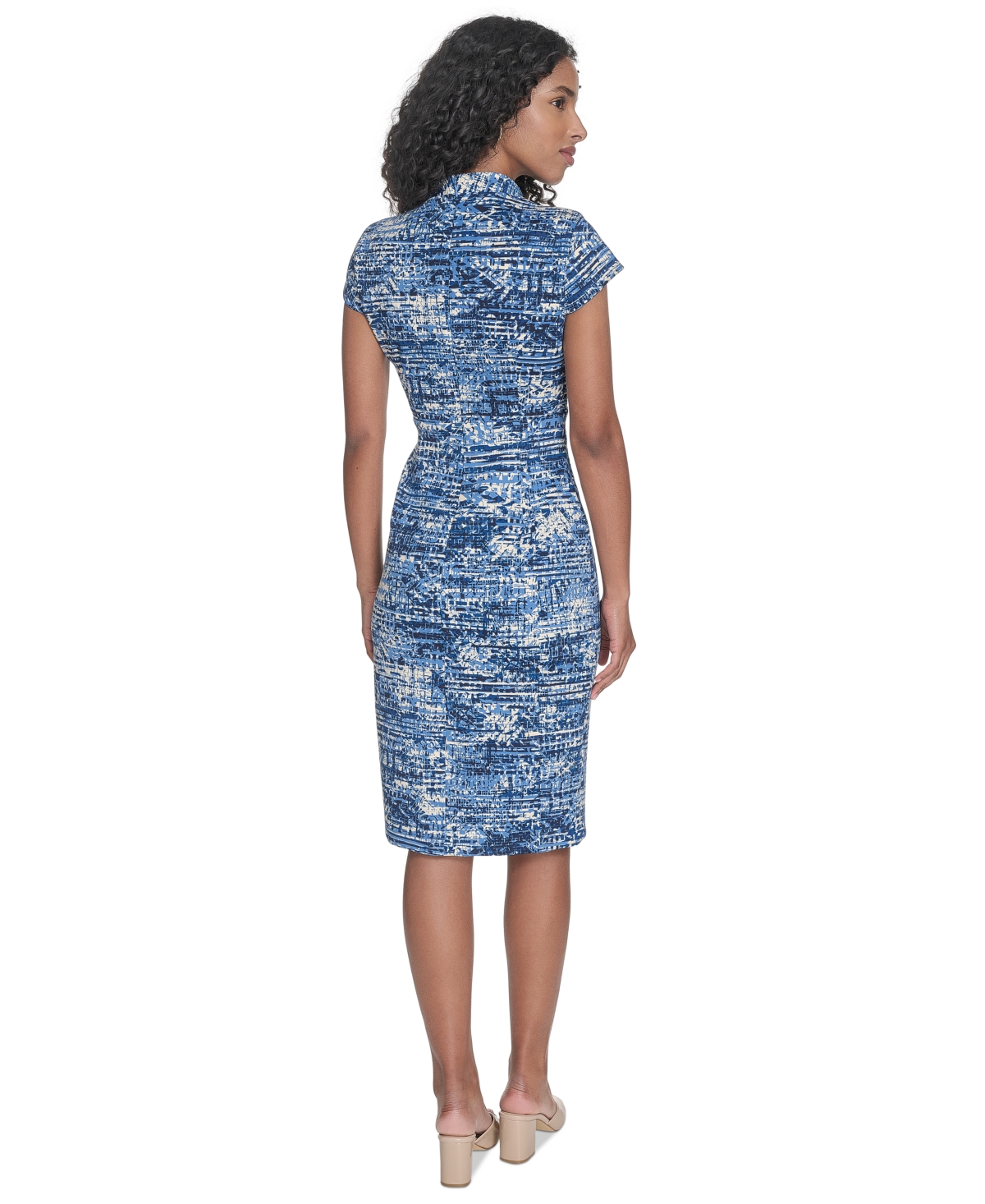 Calvin Klein Petite Printed Short-sleeve Scuba Sheath Dress In Blue