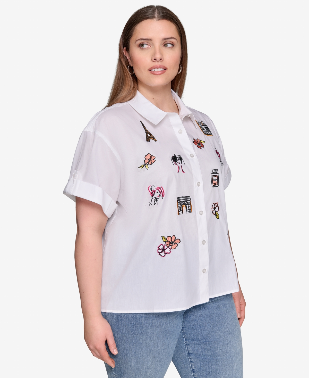 Karl Lagerfeld Petite Cotton Embroidered Short-sleeve Shirt