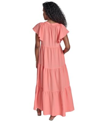 Женское многоярусное макси-платье Calvin Klein с разрезом на шее