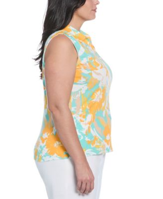 Plus Size Floral Print Ribbed Sleeveless Polo T-Shirt