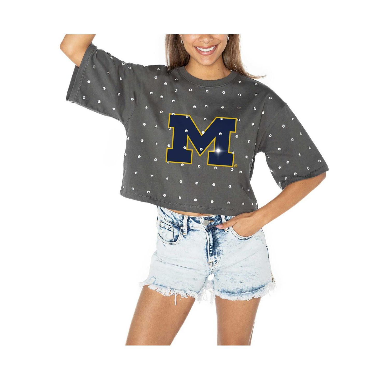 Women's Gray Michigan Wolverines Go Time Rhinestone Crop T-Shirt