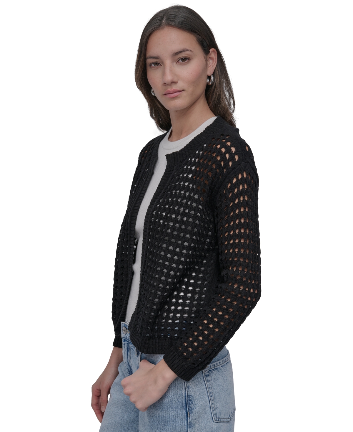 DKNY JEANS PETITE COTTON OPEN-STITCH LONG-SLEEVE CARDIGAN 