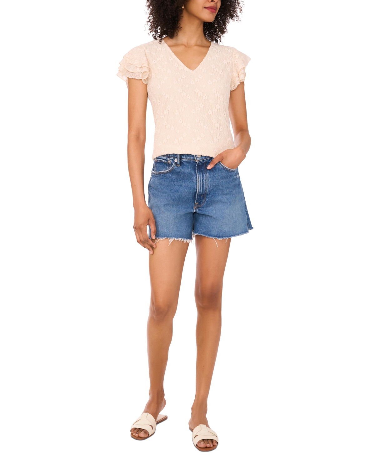 Vince Camuto Women's Ruffled-sleeve V-neck Lace Top In Neutral