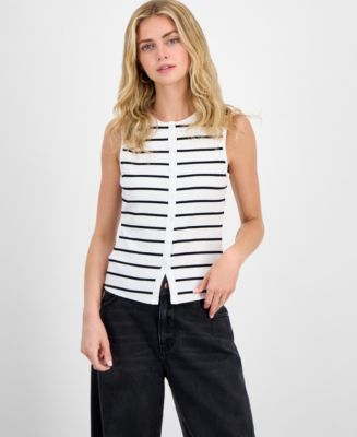 売れ筋商品|||マッデンガール カットソー トップス レディース Juniors' Faux Button-Front Tank Ivory/Black Stripe Madden Girl Juniors' Faux Button-Front Tank - Macy's