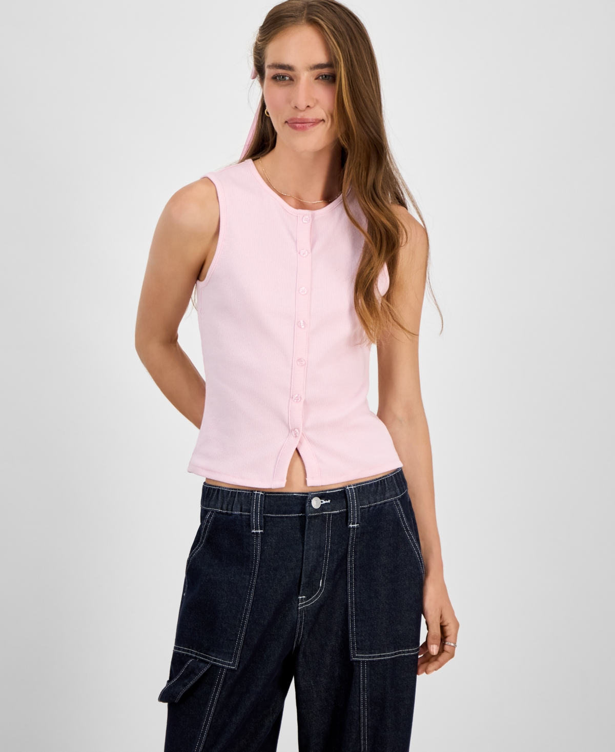 Juniors' Faux Button-Front Tank - Ivory/Black Stripe