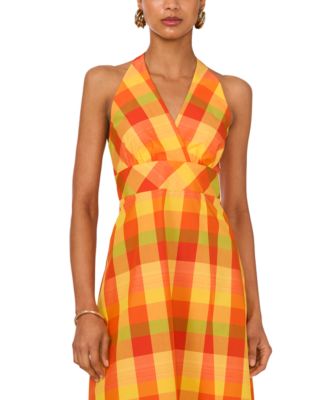 1.ПАРАДНОЕ женское клетчатое макси-платье с круглым вырезом горловины