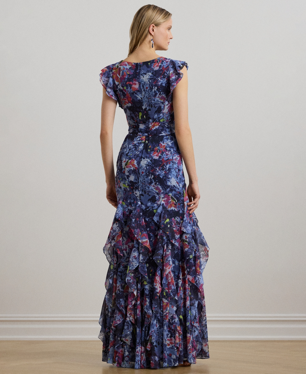 Ralph Lauren Print Ruffle-trim Crinkle Georgette Gown In Blue