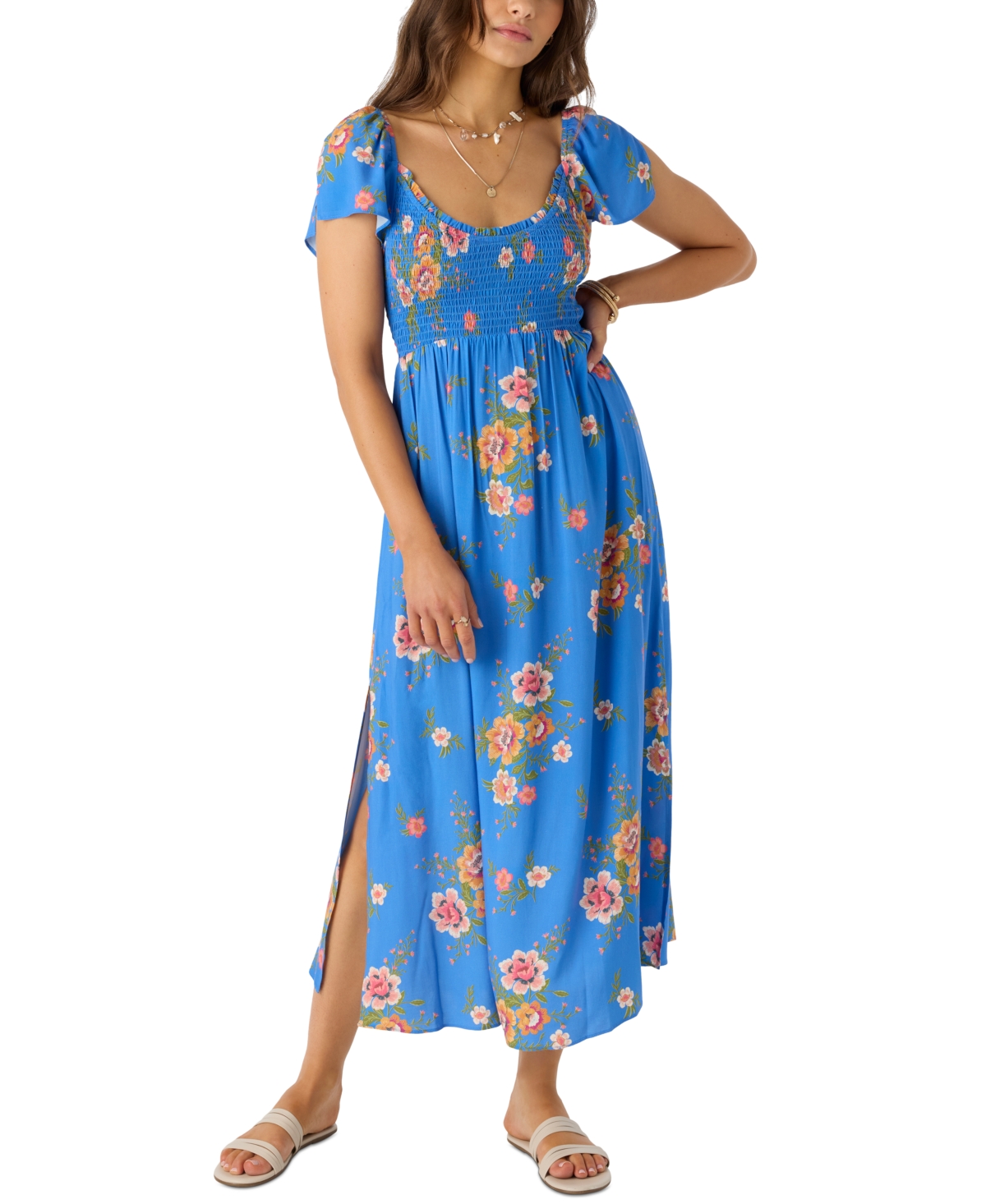 O'neill Larissa Floral Smocked Midi Dress In Blue