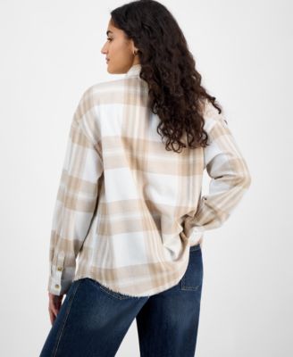 Juniors' Girlfriend Frayed-Hem Plaid Shirt