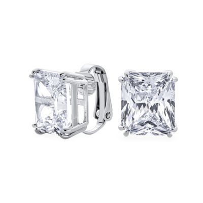 7CT Rectangle Emerald Cut Dk Purple CZ Stud Clip-On Earrings Silver Plated