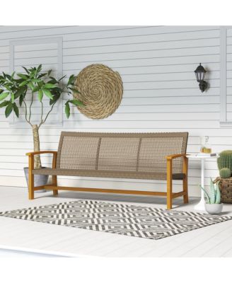 3-Seat Wicker Outdoor Couch Patio Sofa with Acacia Wood Armrests