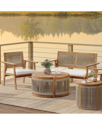 Outdoor Acacia Wood Rope Sides Round Drum Coffee Table