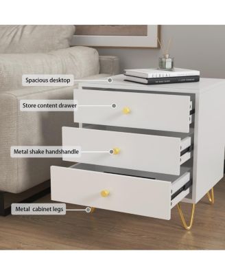 1 PC wooden Bedside table with three drawers, gold handles and feet - side table