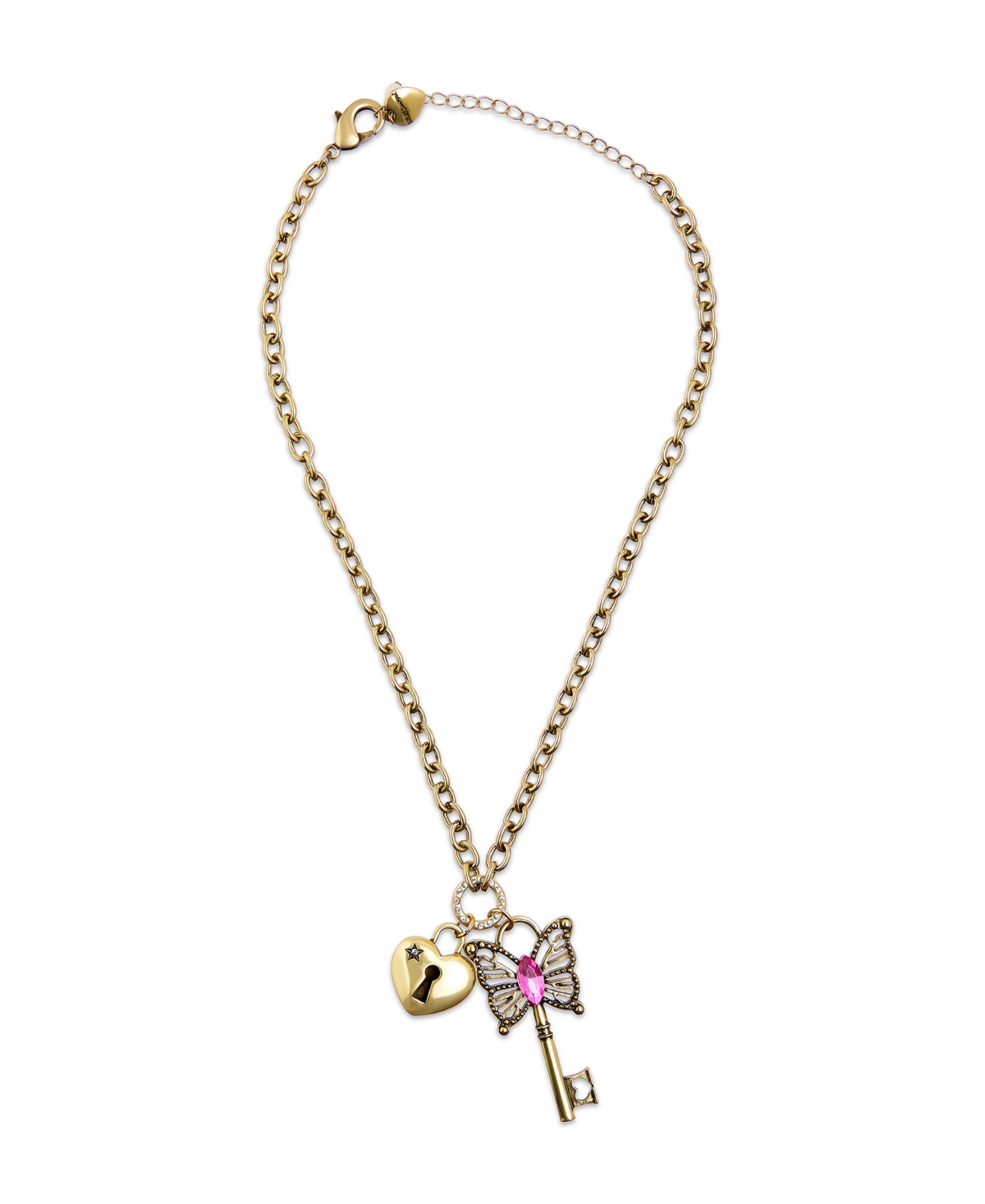 Betsey Johnson Faux Stone Boho Butterfly Key Charm Pendant Necklace In Pink,antique Brass
