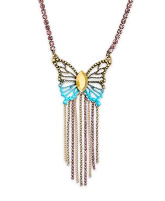 Faux Stone Boho Butterfly Fringe Pendant Necklace