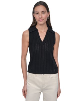 Women's Lacey Stitch Collared Sleeveless Sweater