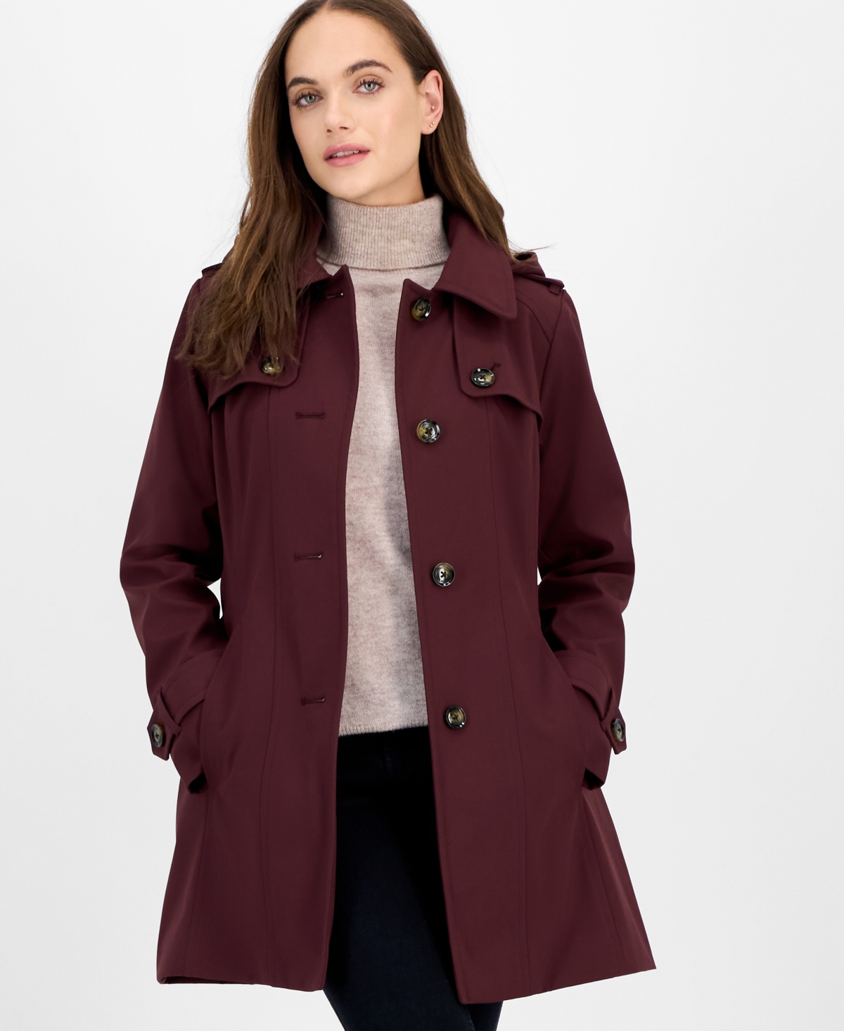 London Fog Women's Hooded Belted Zip-front Raincoat In Burgundy