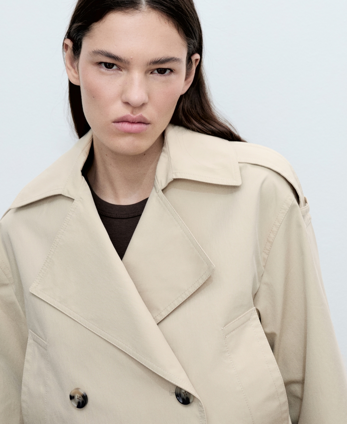 Mango Double Breasted Crop Trench Coat In Light,pastel Gray