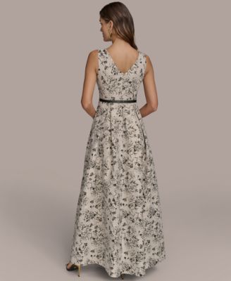 Женское жаккардовое бальное платье Donna Karan New York с поясом и V-образным вырезом