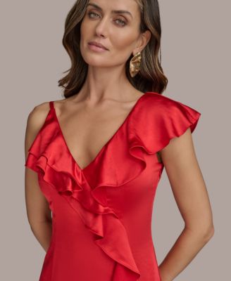 Women's Ruffle-V-Neck Sleeveless Gown