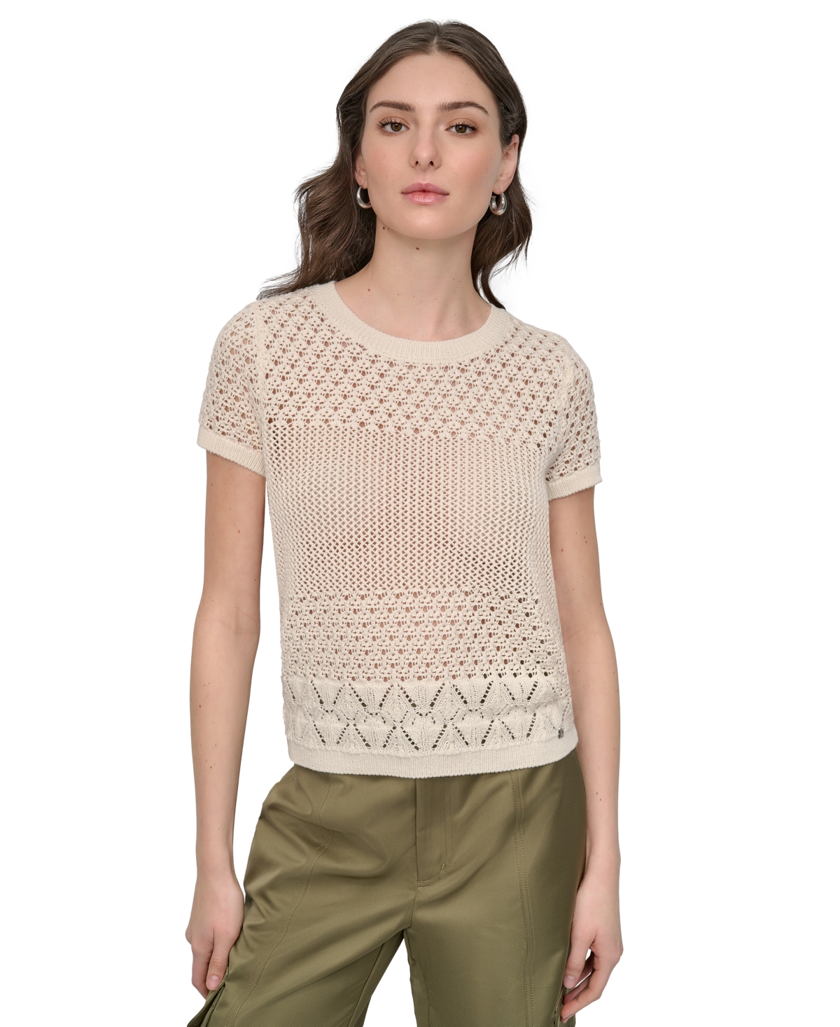 DKNY JEANS WOMEN'S MIXED-STITCH SHORT-SLEEVE SWEATER 