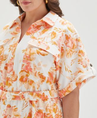 Plus Size Floral Print Utility Short Sleeve Shirt Dress