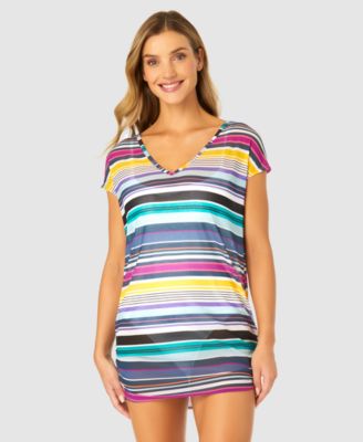 Anne Cole - Women's Barcode Stripe Mesh T-Shirt Swim Cover-Up