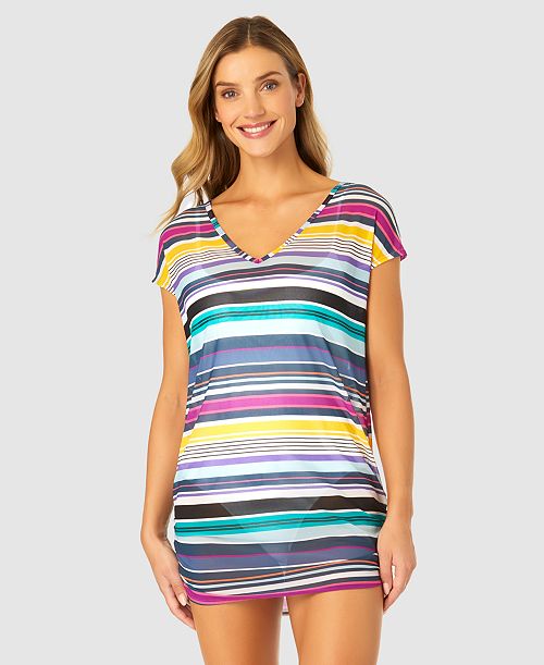 alfani Anne Cole Women's Barcode Stripe Mesh T-Shirt Swim Cover-Up Women's Fashion Shoes & Accessories