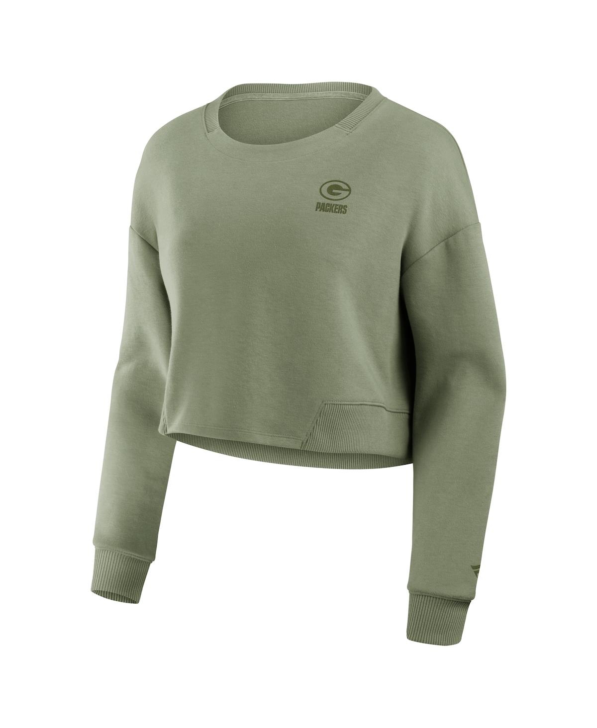Fanatics Women's Olive Green Bay Packers Studio Tri-blend Cropped Pullover Sweatshirt In Olive