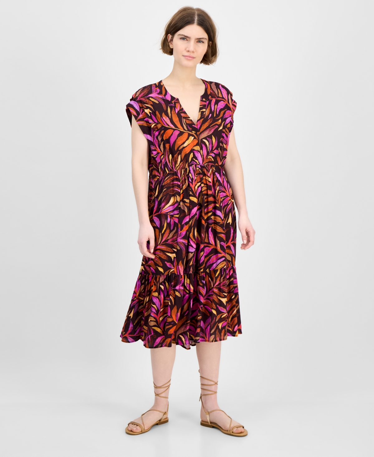 Women's Printed Extended-Shoulder Midi Dress - Dew Berry