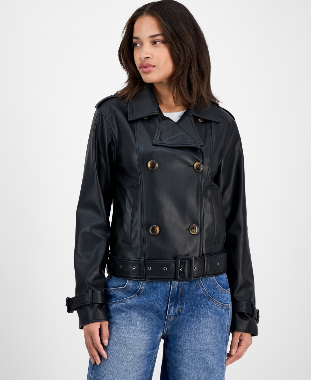 Steve Madden Women's Belted Faux-leather Coat In Black