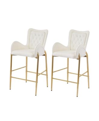   Set of 2  Velvet Upholstered, Tufted Armchairs, Gold Metal Legs   Elegant Design Bar Stools
