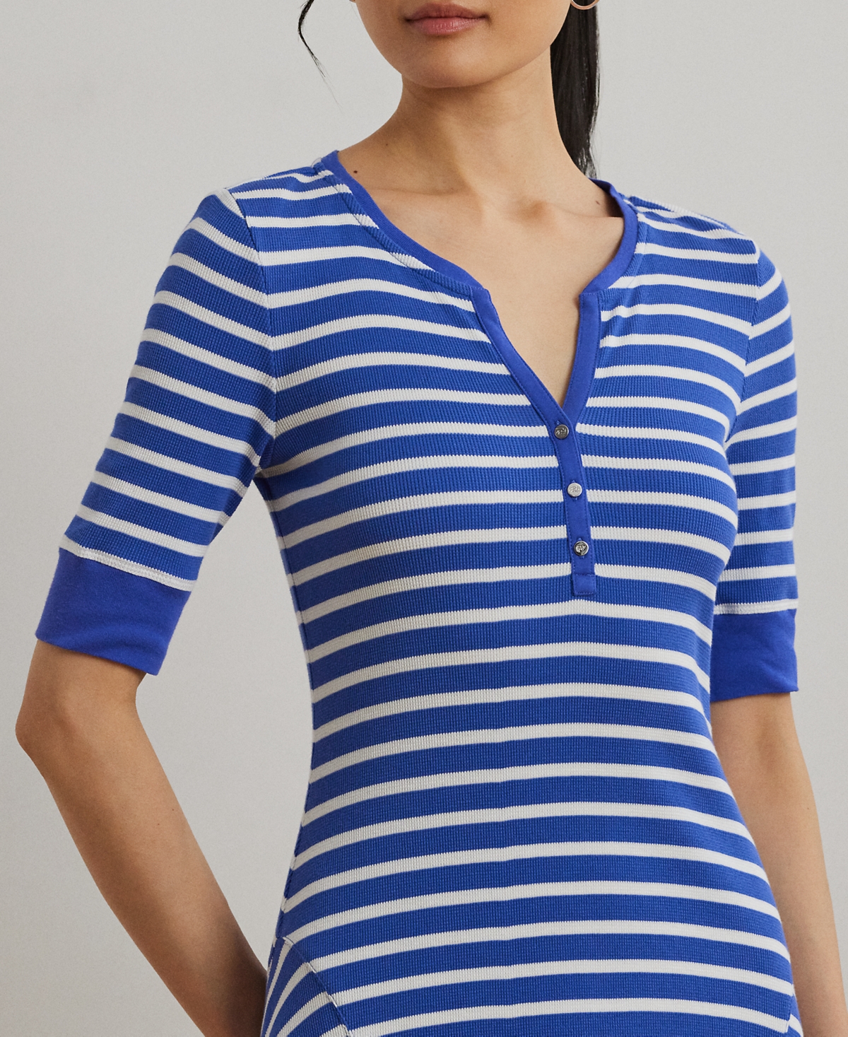 Lauren Ralph Lauren Petite Striped Waffle-Knit Cotton Henley Dress