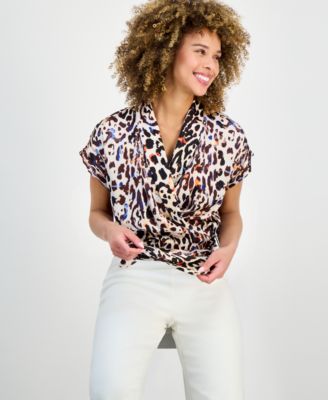 Women's Printed Short-Sleeve Faux-Wrap Top, Regular & Petite