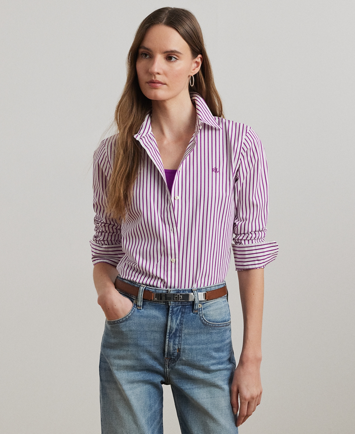 Petite Classic-Fit Striped Broadcloth Shirt - Dark Purple/White
